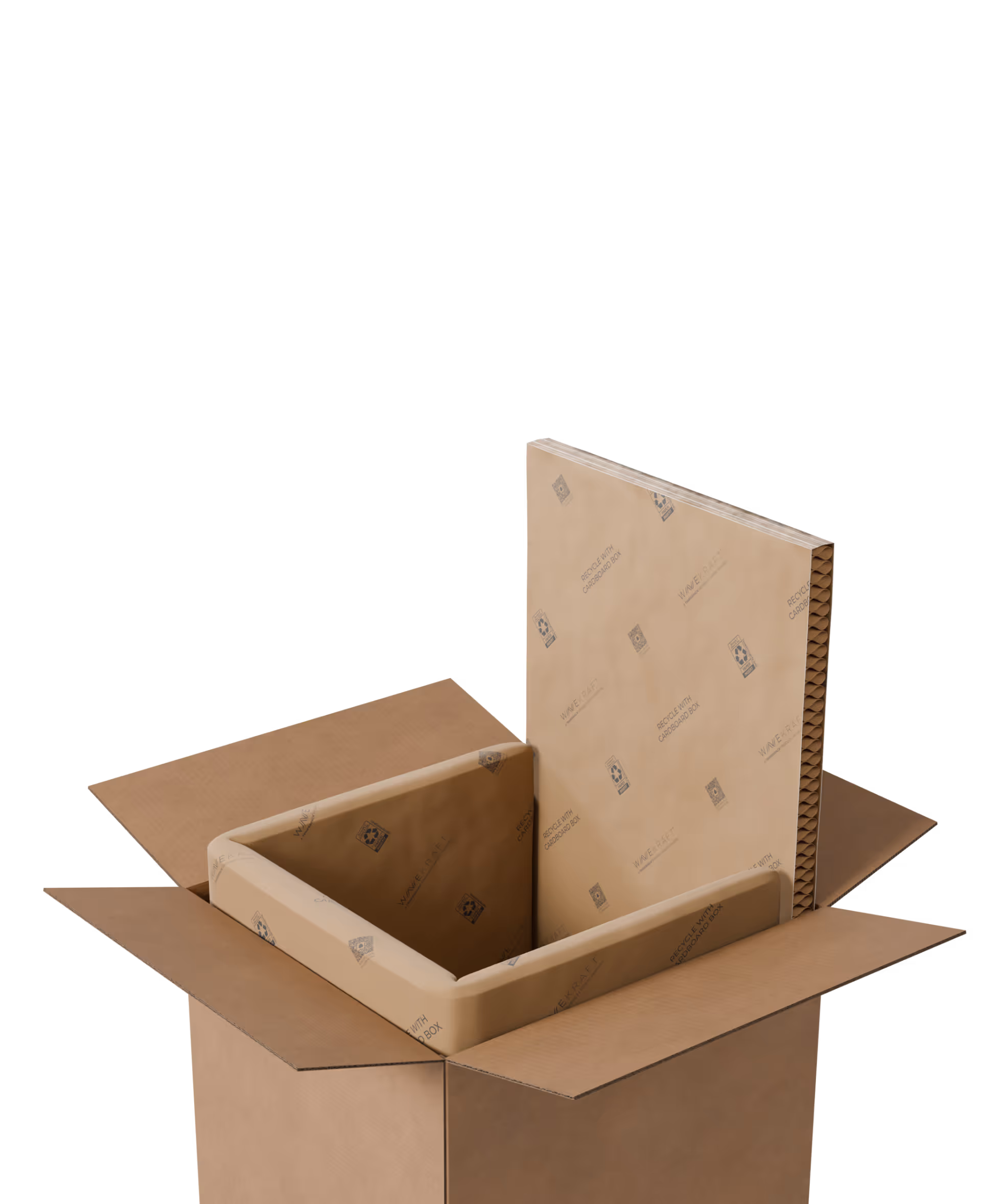 Open cardboard box with protective cardboard inserts inside for secure packaging.