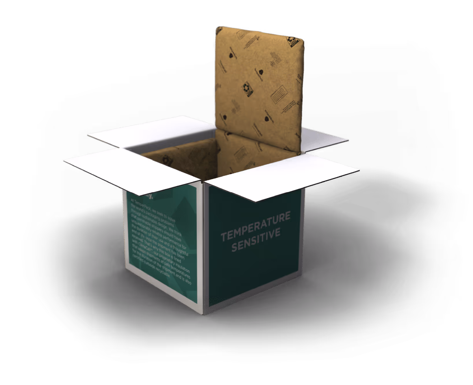 Open shipping box labeled 'Temperature Sensitive' with cushioned insulating insert inside.