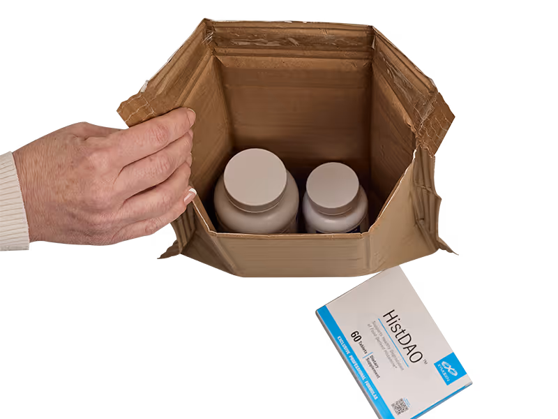 TemperPack mailer upright holding medicine and pills
