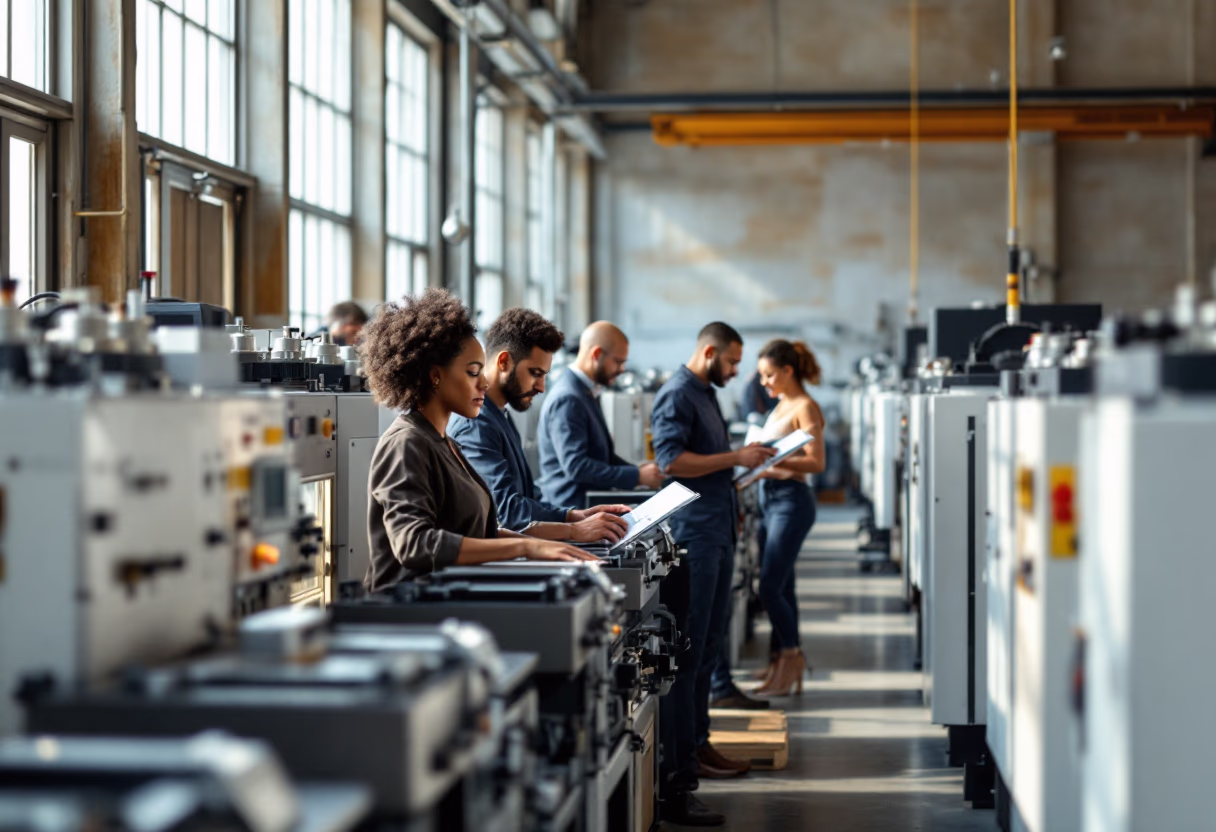 image of workers at machining station: scene 1