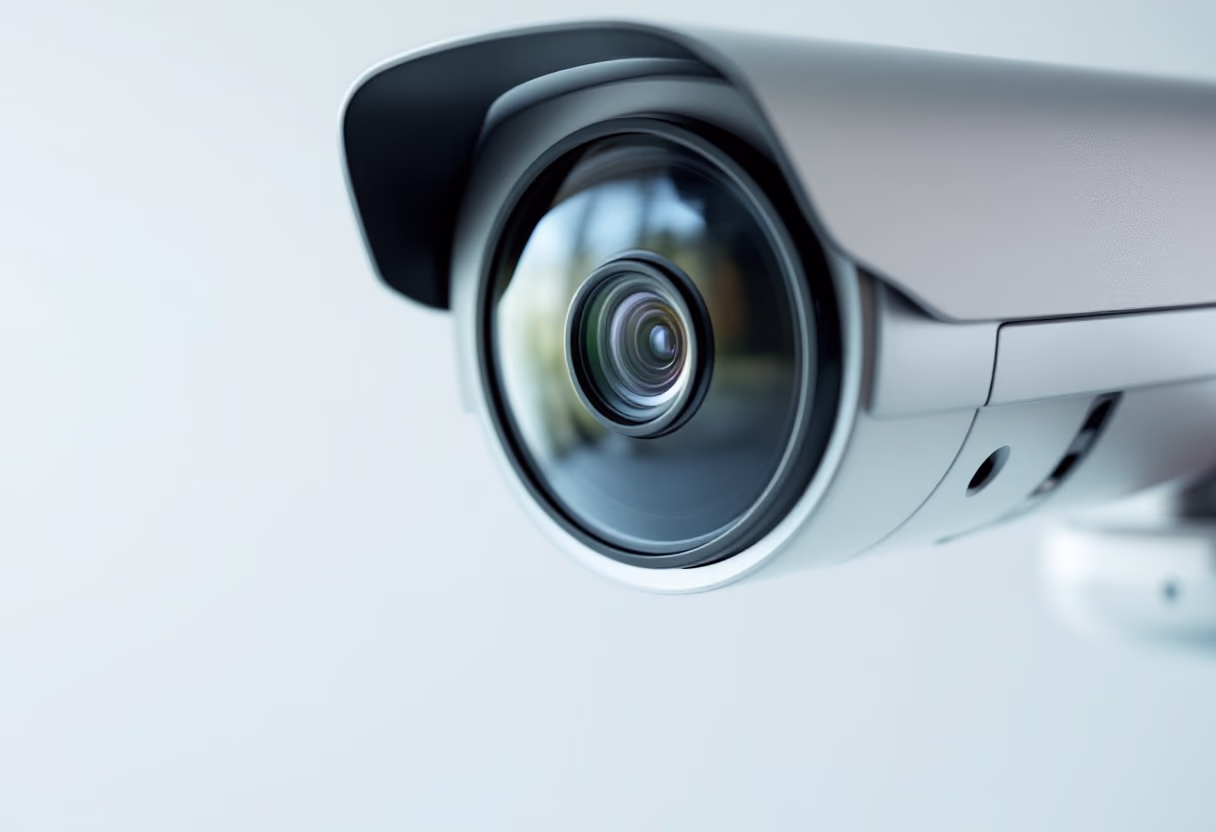 high-tech security camera in bright white photography style