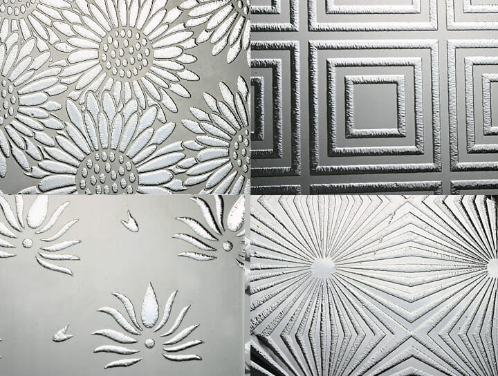 Four decorative textured glass panels: daisies, concentric squares, abstract flowers, and sunburst patterns.