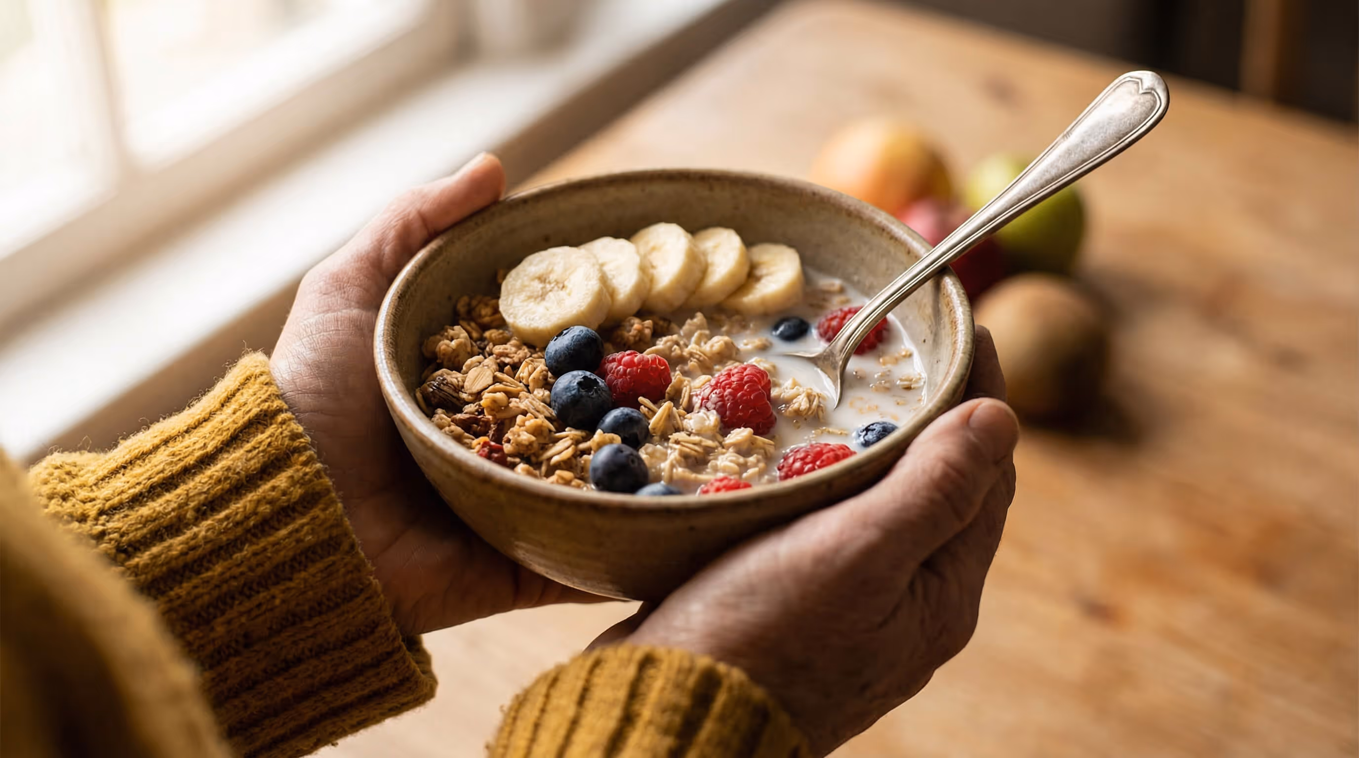 Women holing fiber based foods including hot cear with blueberries and bananas.