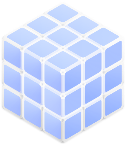 Transparent blue 3x3x3 cube with rounded edges and a glowing effect.