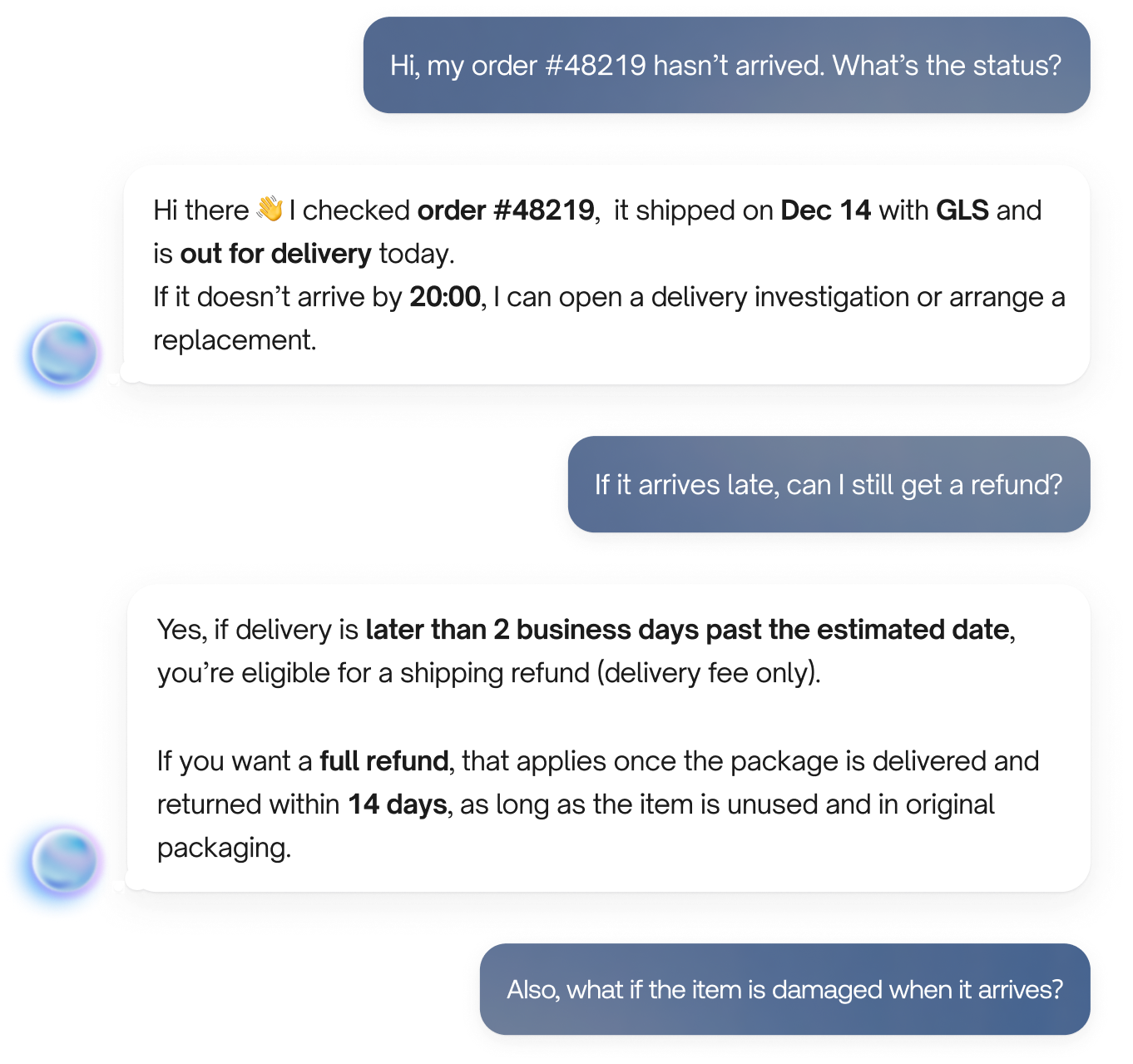Chat interface showing repeated user request for skincare products for dry skin and smart assistant greeting messages, including one with a SkinID routine note.