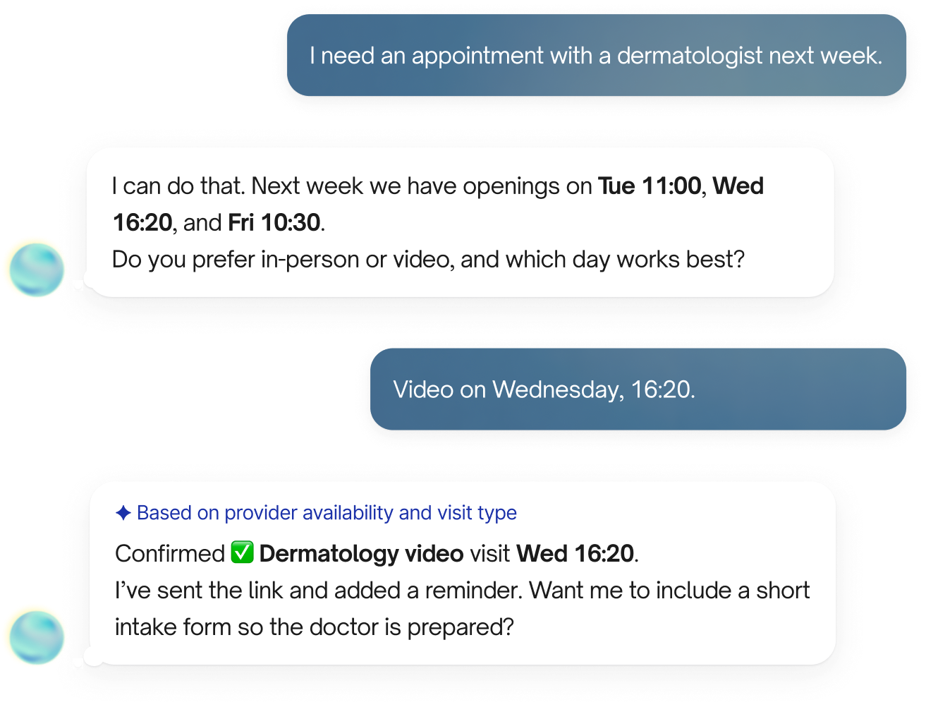 Chat interface showing repeated exchanges where the user asks for skincare products for dry skin and the assistant introduces itself as a smart assistant offering help based on SkinID and current routine.