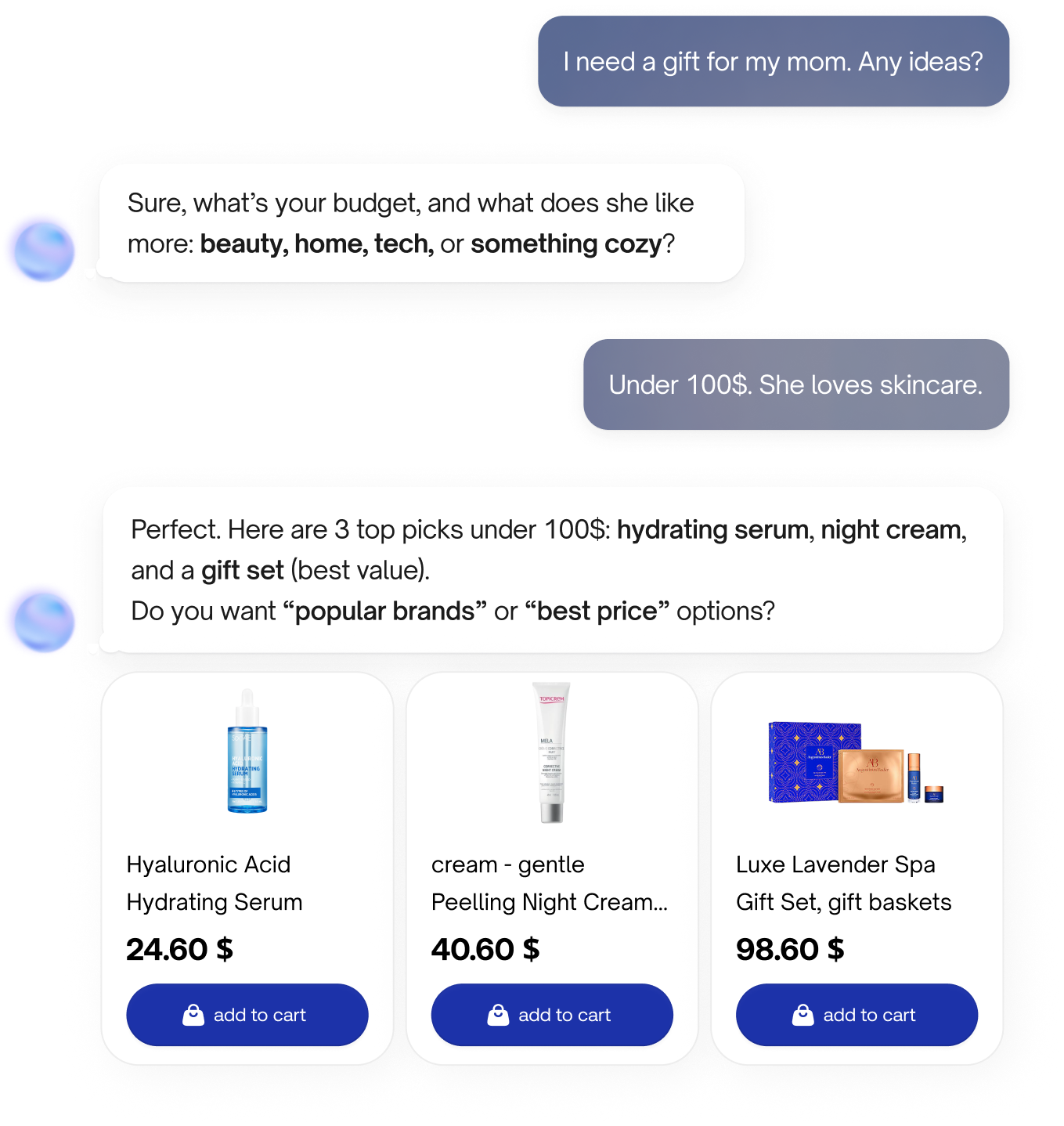 Chat interface showing a user asking for skincare products for dry skin with a smart assistant responding and displaying three identical product cards featuring red wireless earbuds priced at 98.60 GEL.