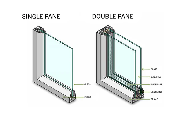 Diagram comparing single pane and double pane window cross-sections showing single glass and frame for single pane and glass, gas area, spacer bar, desiccant, and frame for double pane.