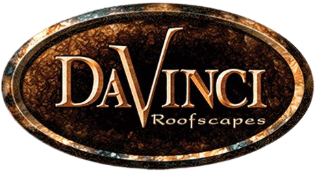 DaVinci Roofscapes brand logo with a dark textured oval background and metallic lettering.
