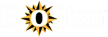 Ecostar logo with white text and a sun-shaped star replacing the letter O, featuring black and gold colors.