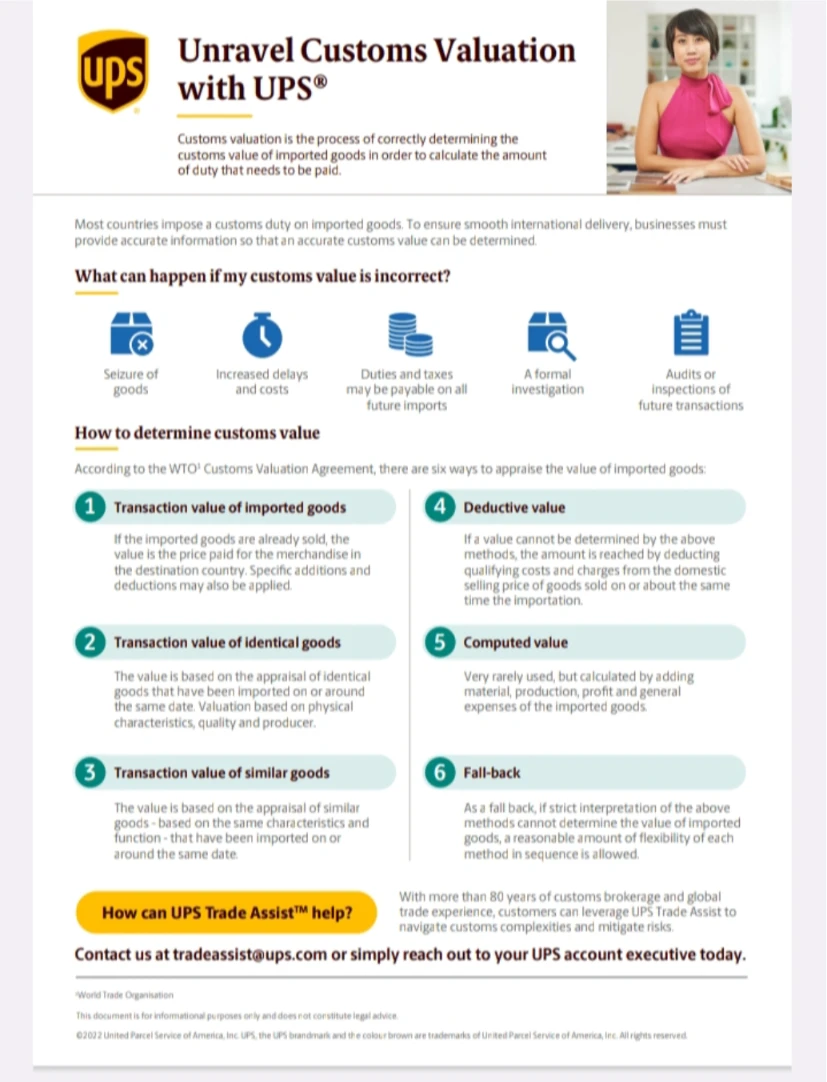UPS informational leaflet covering customs regulations and international shipping requirements