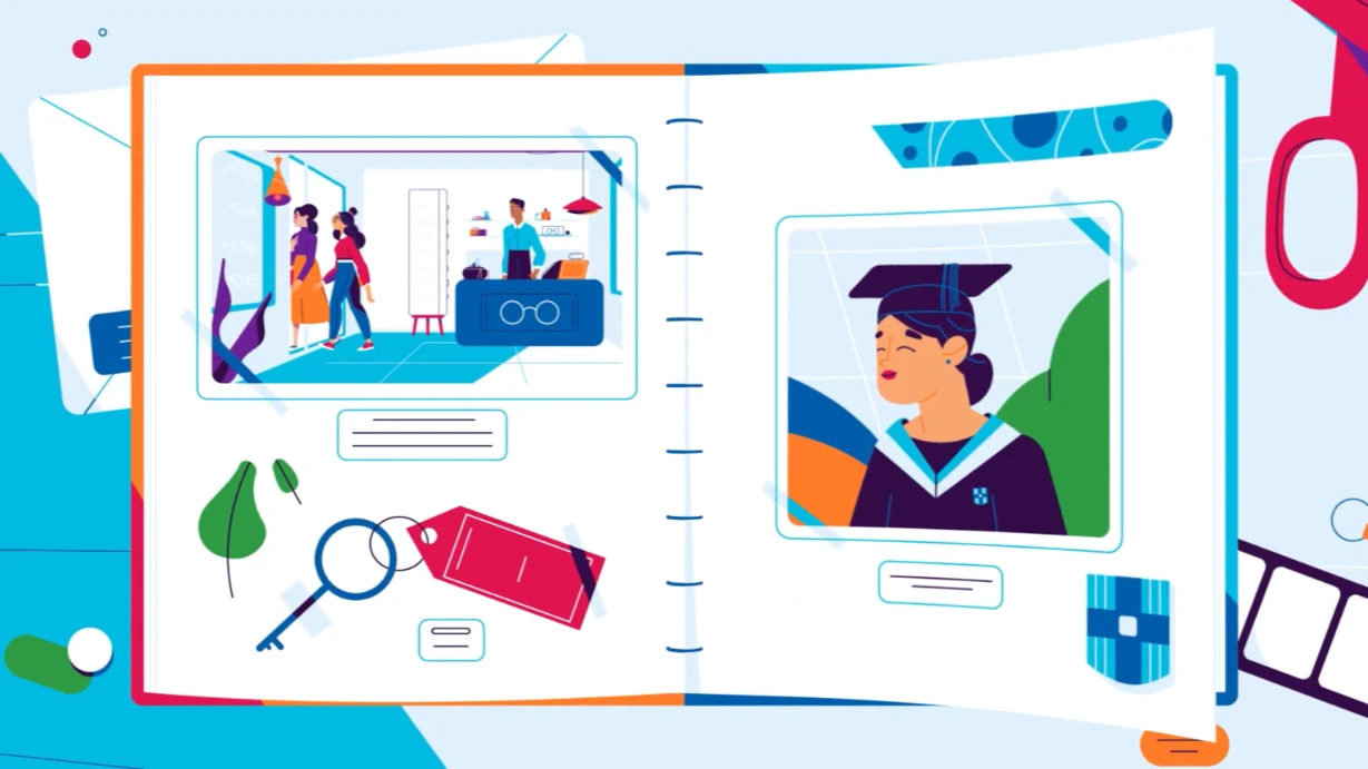 Storytelling animation showing how eye care practitioners support customers throughout their lifelong vision needs