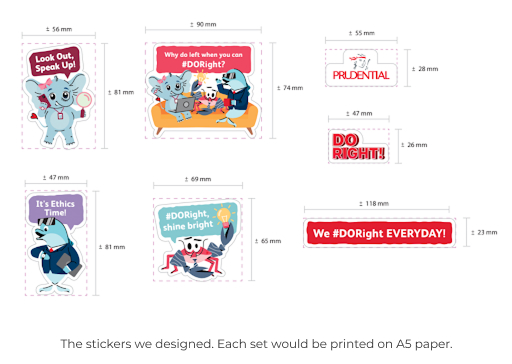 Completed mascot-based communication materials for Prudential Ethics and Compliance Ambassador programme