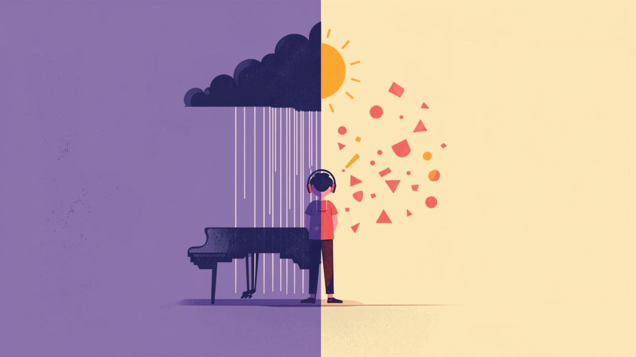 Split illustration of a person standing between a rainy side with a piano playing sad music and a sunny side bursting with colour and shapes.