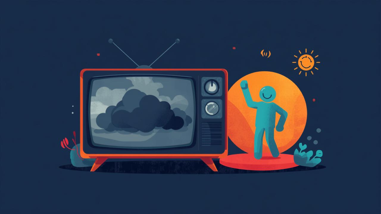 Insurance explainer video: Illustration of a vintage TV showing storm clouds, beside a smiling turquoise character celebrating in front of a bright sun