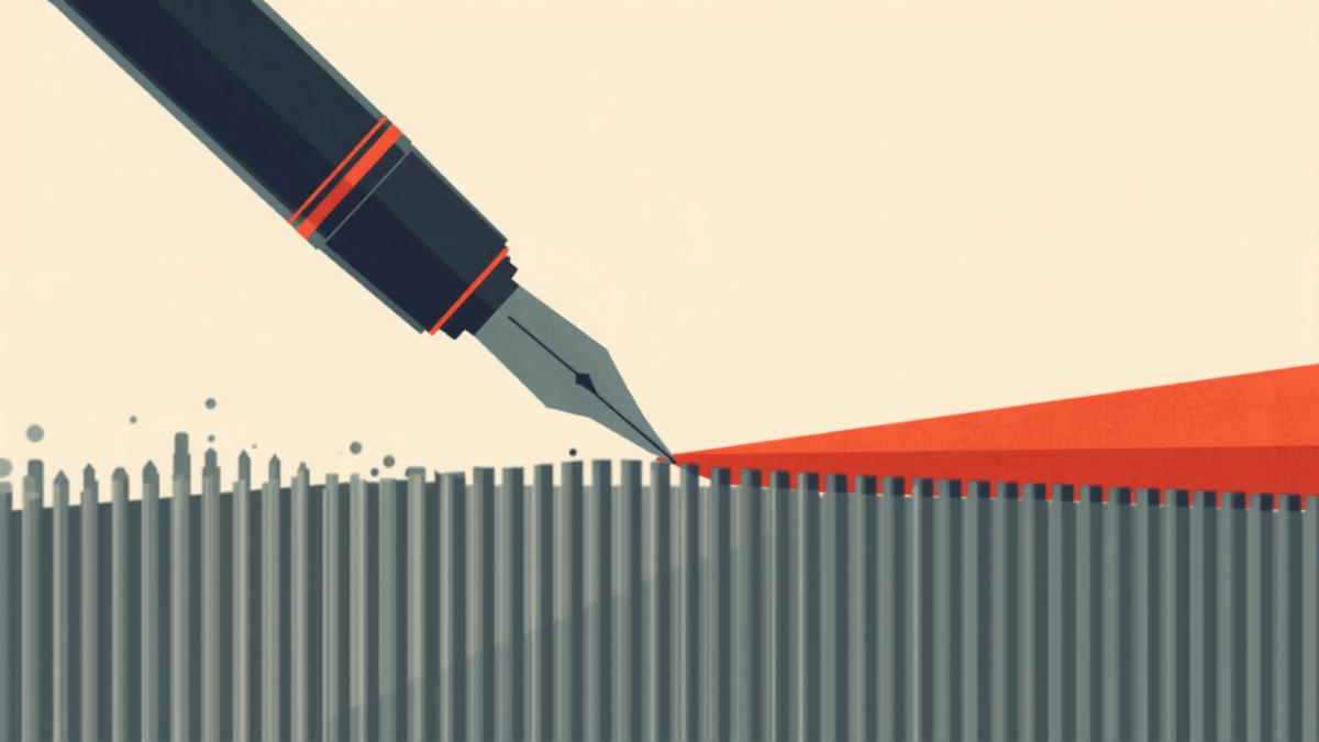 Illustration of a fountain pen writing across a bar chart that rises like a skyline, symbolising the growing value of human writing.