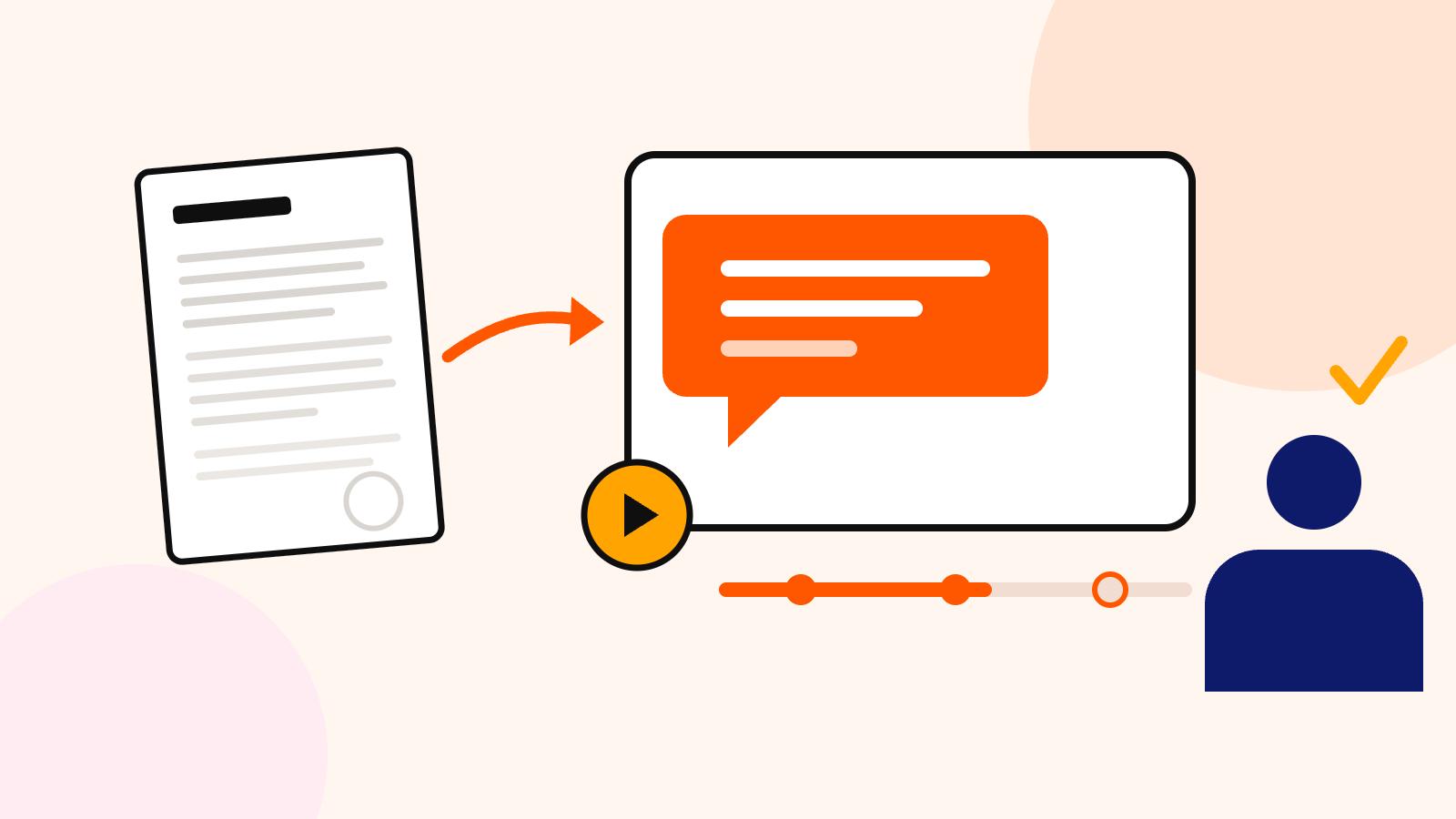 Illustration of a dense policy document turning into a short animated explainer video that a citizen understands.