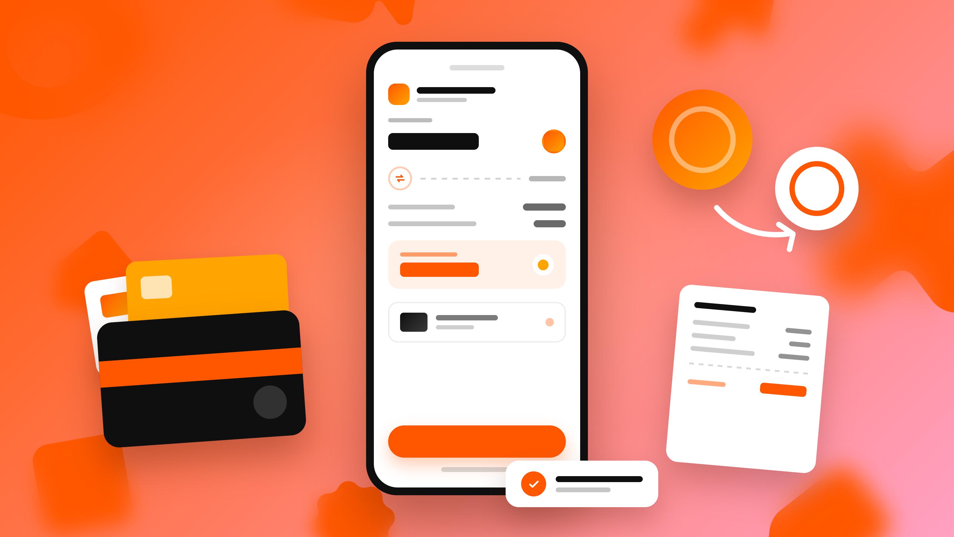 payment solution explainer video: Illustration of a smartphone displaying a payment app screen, flanked by a wallet with credit cards on the left and a receipt on the right, with orange circular icons and an arrow in the background, all on an orange-to-pink gradient.