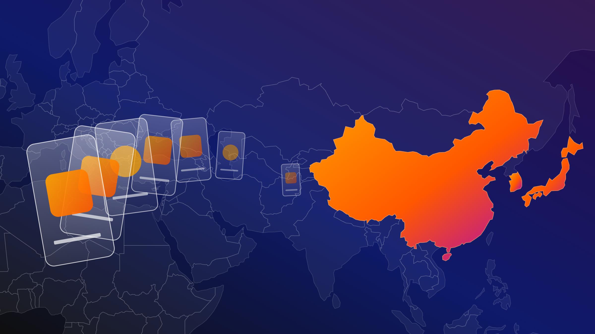 Illustration of a world map highlighting Europe through East Asia, with stacked mobile phone screens on the left connecting across the region to China, shown highlighted in orange, on a dark blue gradient background.