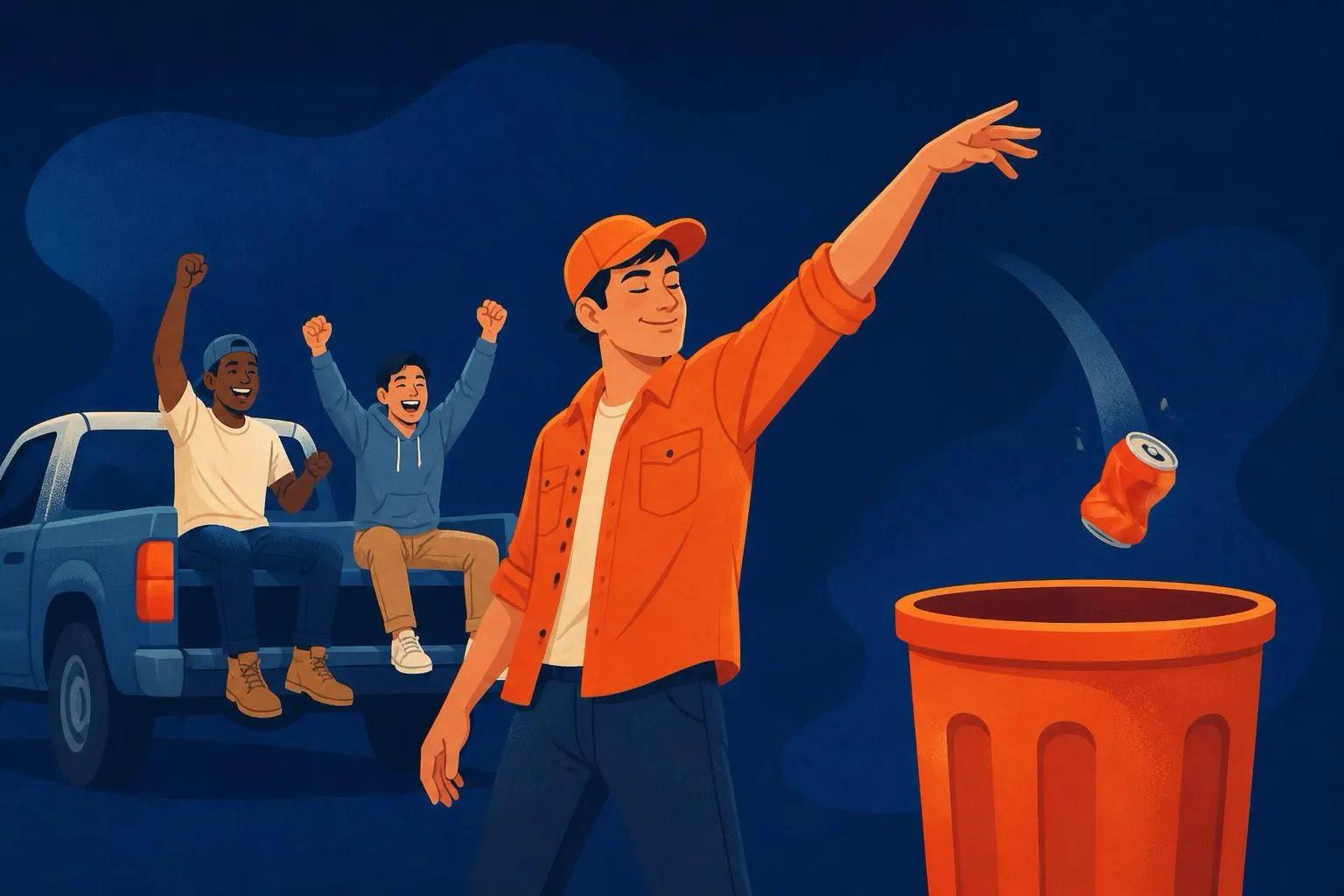 Illustration of a young man in an orange cap and shirt tossing a crushed can into an orange bin while two friends cheer from the back of a blue pickup truck.