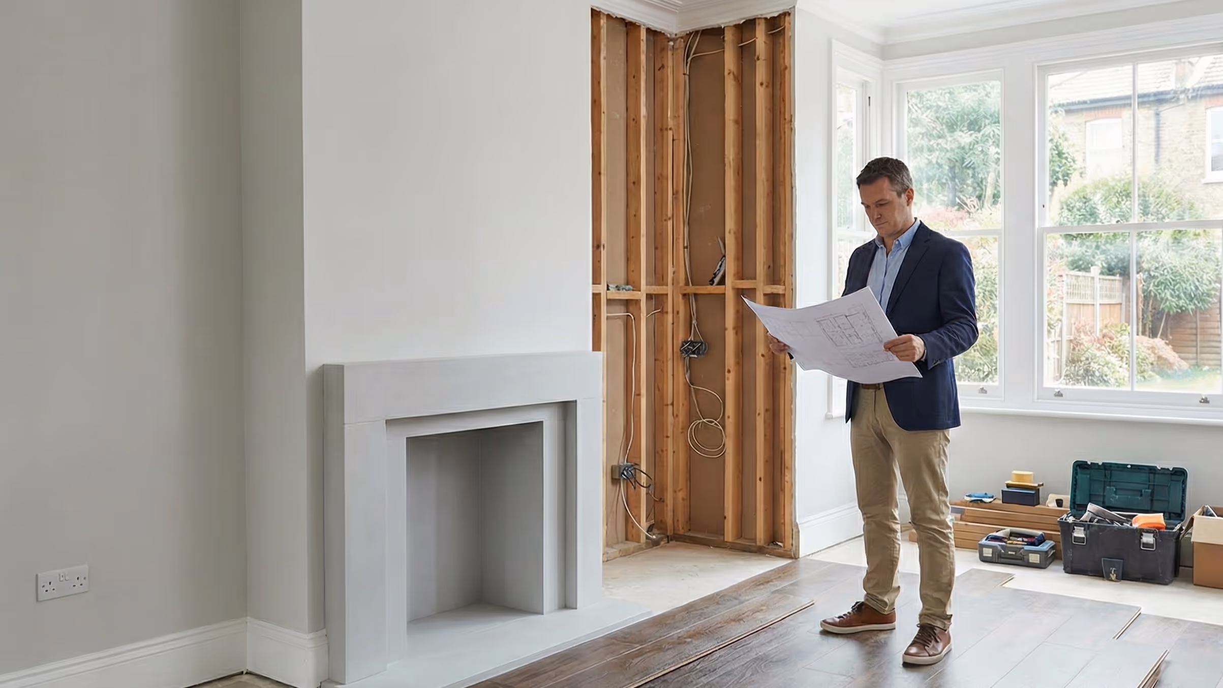 Man in blazer and khakis reviewing architectural plans inside a partially renovated room with exposed wooden framing and tools.