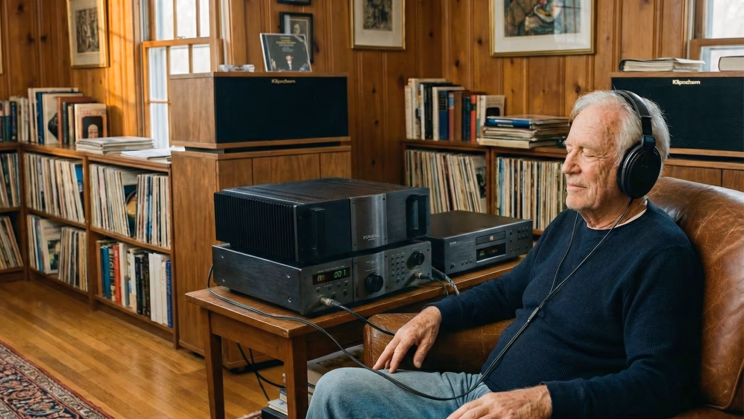 Elderly man sitting on a leather chair with headphones on, listening to music from a vintage stereo system in a wood-paneled room filled with books and vinyl records.