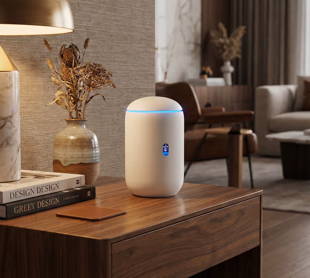 Modern living room scene with a wooden side table featuring a white smart home device emitting a blue light, next to a lamp, dried flower vase, and design books.