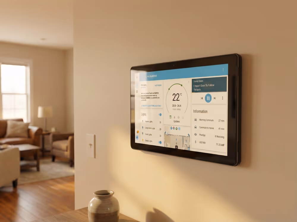 Smart home control panel mounted on beige wall displaying temperature, lights, music, and commute information.