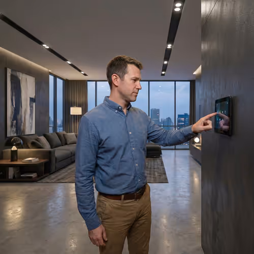 Man in a modern living room interacting with a wall-mounted touchscreen panel.
