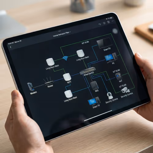 Tablet displaying a home network plan connecting modem, router, Wi-Fi mesh nodes, smart TVs, PC, NAS, and security cameras.