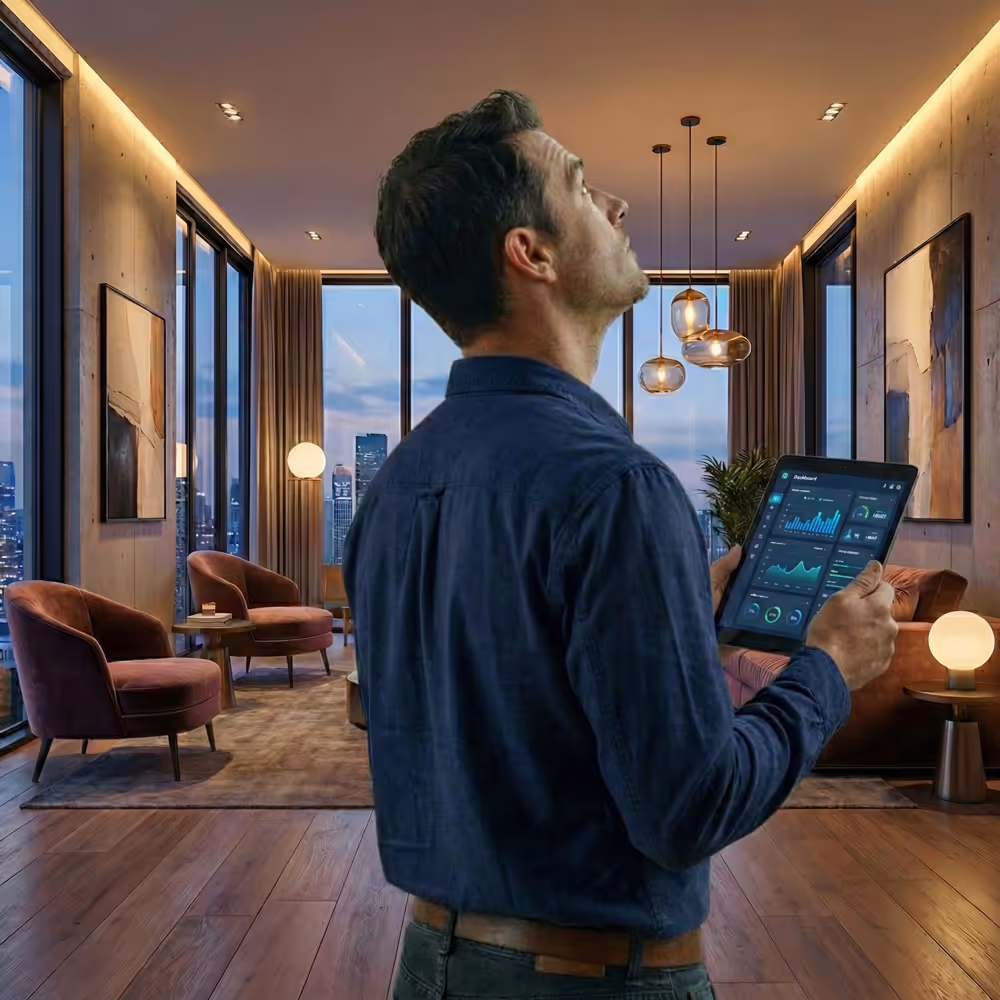 Man in blue shirt holding a tablet showing data charts in a modern living room with city view at dusk.