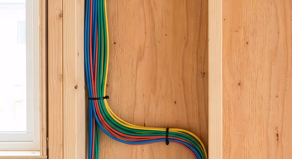 Color-coded electrical wires neatly bundled and routed along wooden wall studs next to a window.