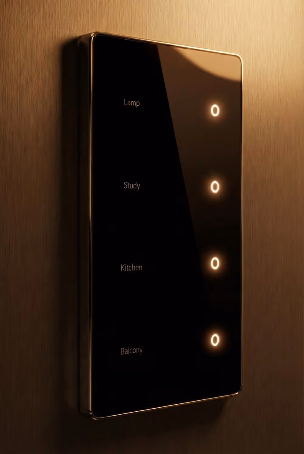 Black touch panel light switch with labels for Lamp, Study, Kitchen, and Balcony, each with a glowing circular button.