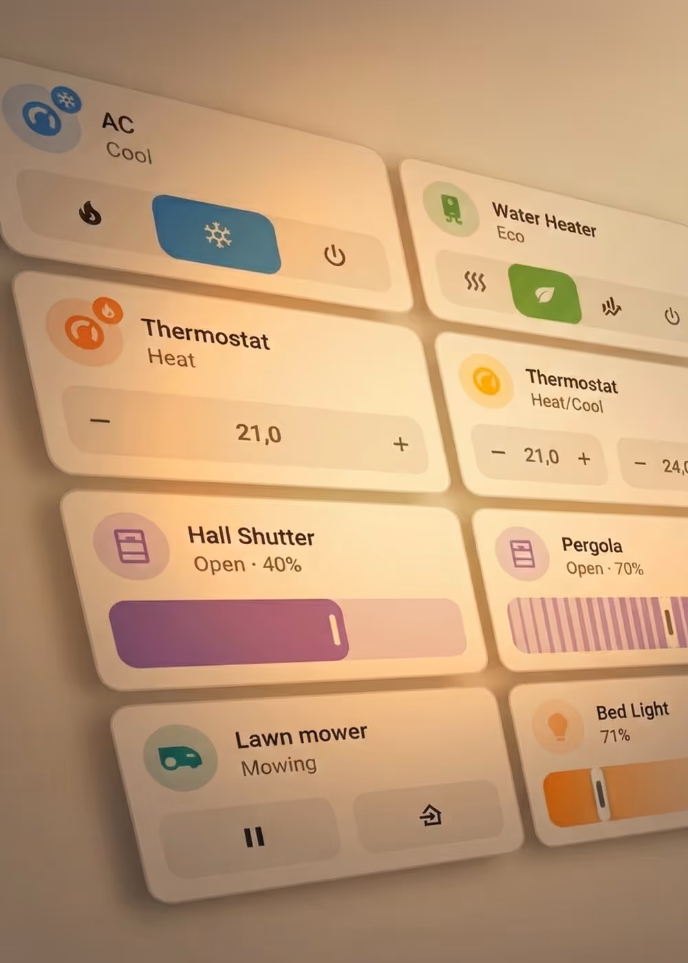 Smart home control panel showing AC set to cool, thermostats set to 21°C, water heater in eco mode, hall shutter 40% open, pergola 70% open, lawn mower mowing, and bed light at 71%.