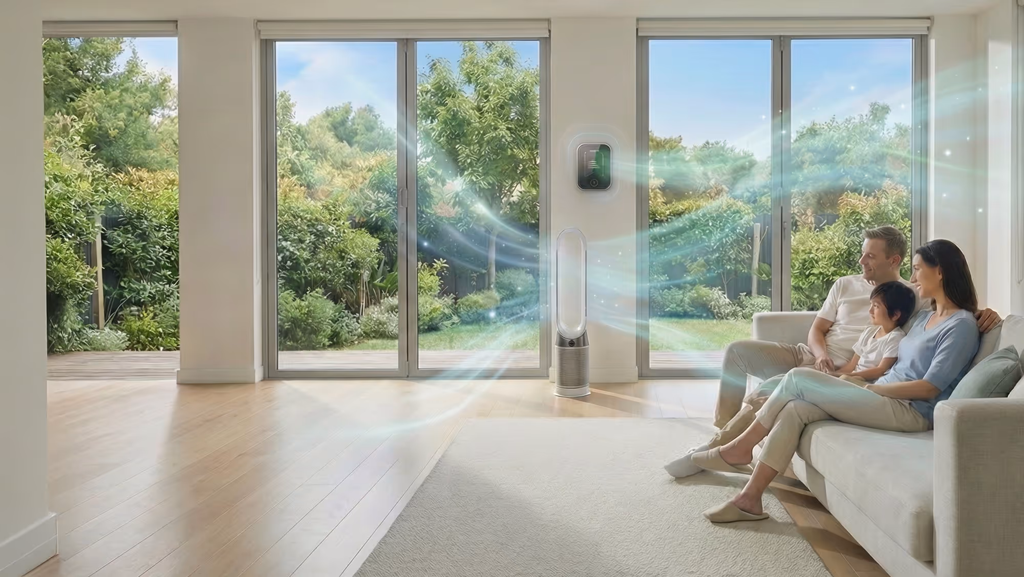 Family of three sitting on a couch in a bright room with a modern air purifier emitting clean air near large glass doors showing a green garden.