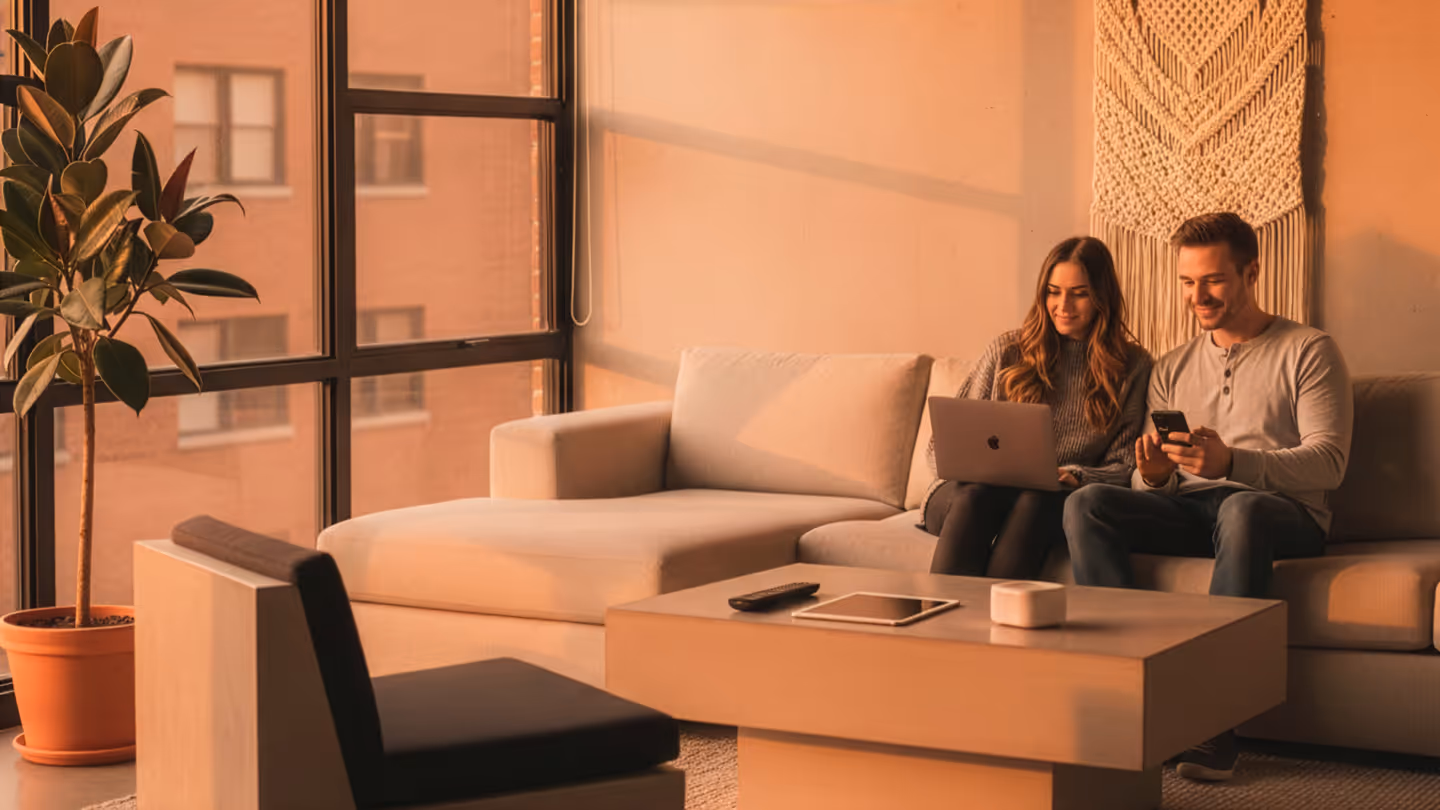 A couple sitting on a beige sofa in a sunlit living room, using a laptop and a smartphone.