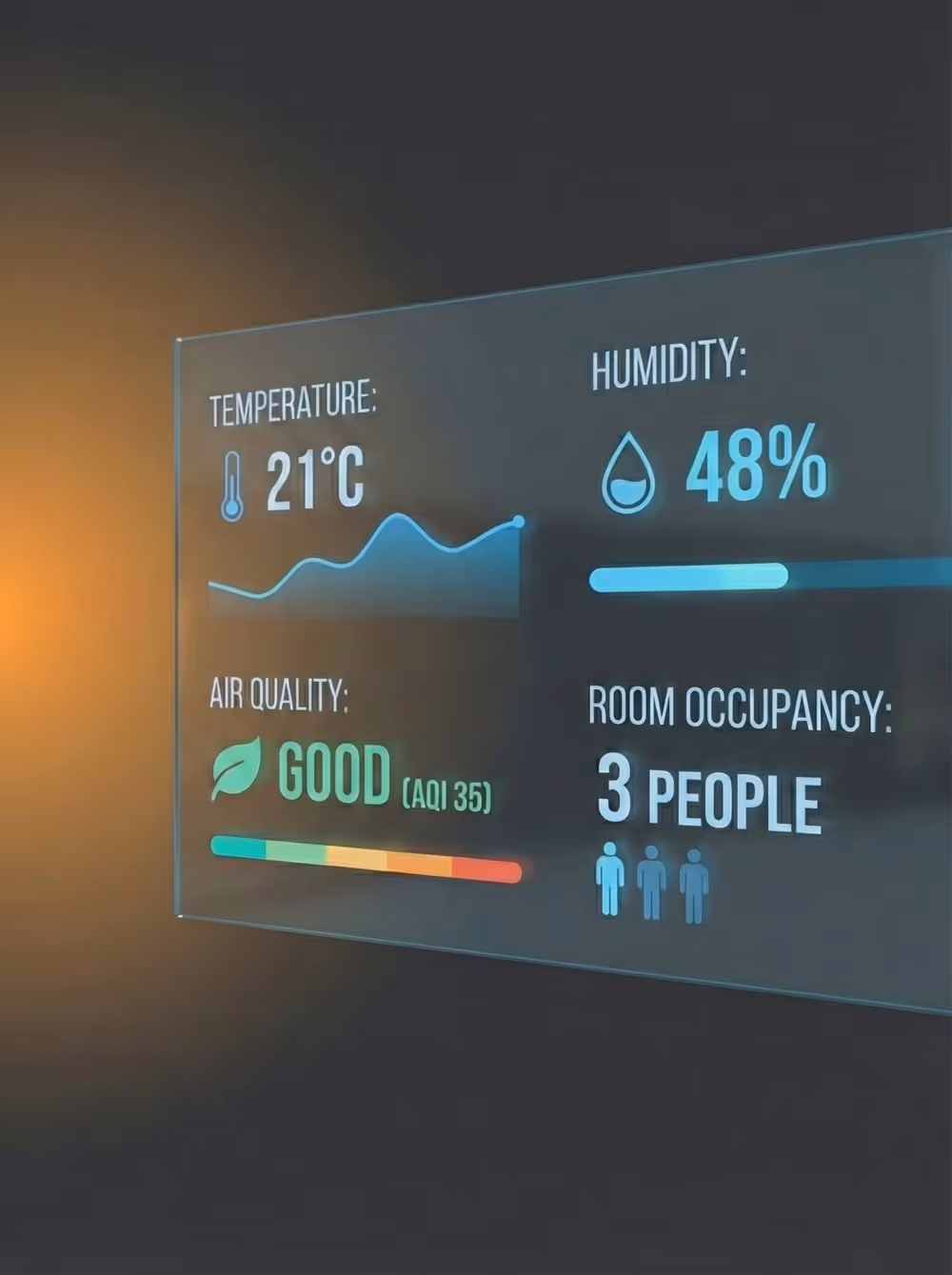 Digital interface showing temperature at 21°C, humidity at 48%, good air quality (AQI 35), and room occupancy of 3 people.