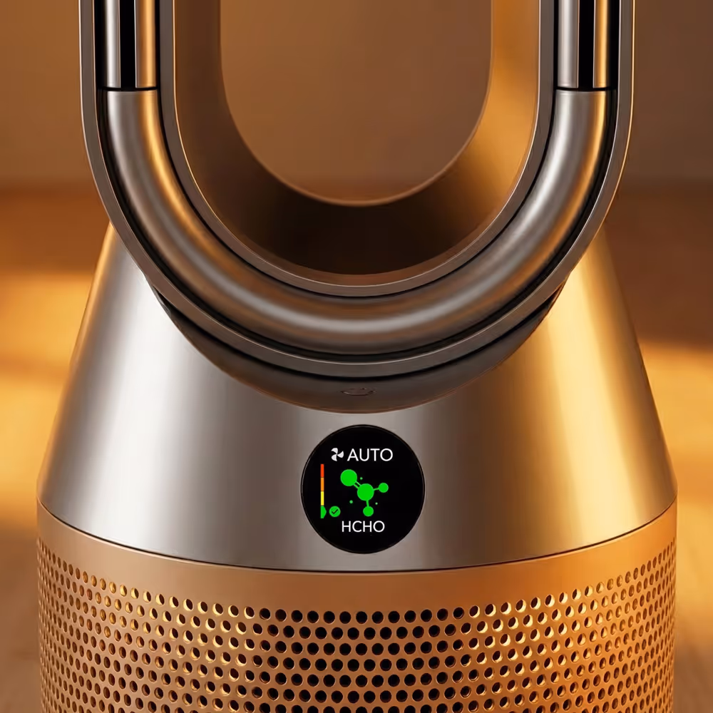 Close-up of a modern air purifier with a digital display showing 'AUTO' mode and a green HCHO (formaldehyde) indicator.
