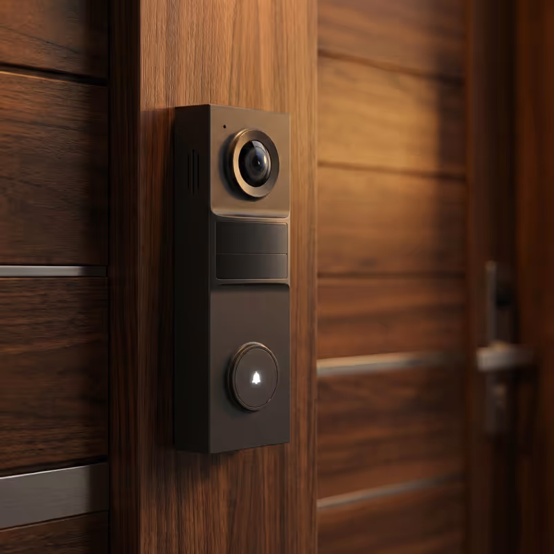 Modern black video doorbell mounted on a wooden doorframe with a blurred wooden door background.