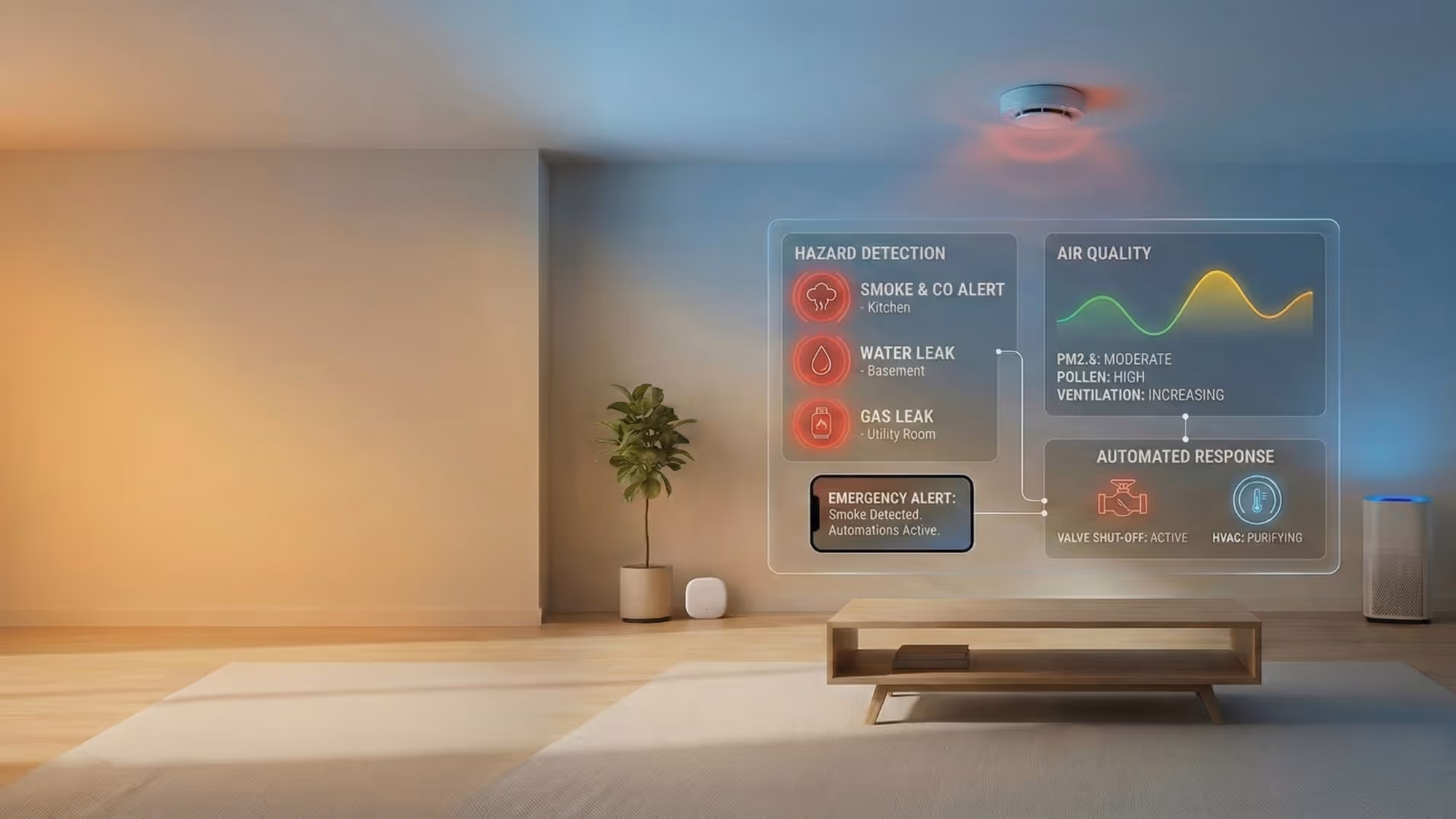Modern living room with smart safety system alerts projected on the wall showing smoke, water, and gas leak hazards, air quality graph, and automated HVAC response.