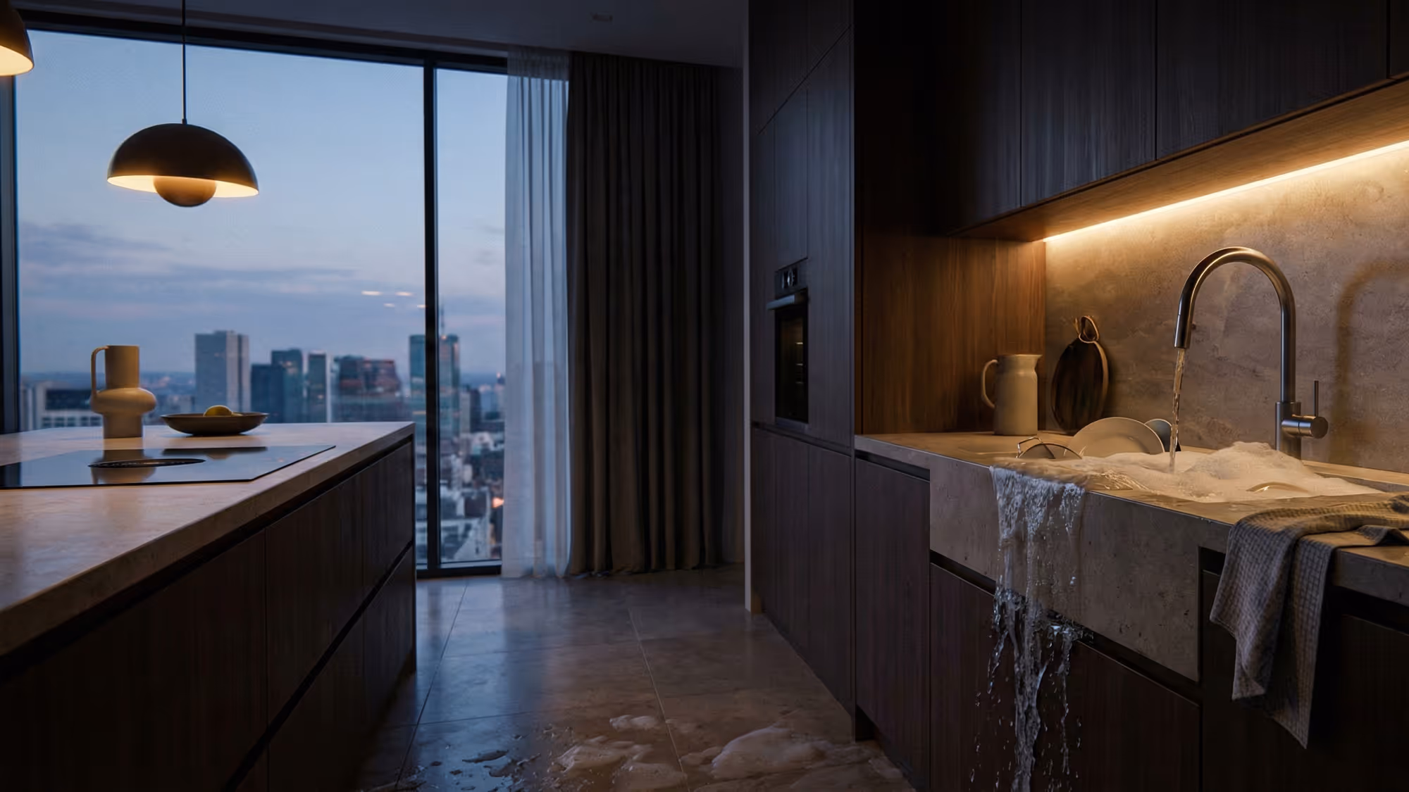 Modern kitchen with large window overlooking city, showing overflowing sink with water spilling onto floor.