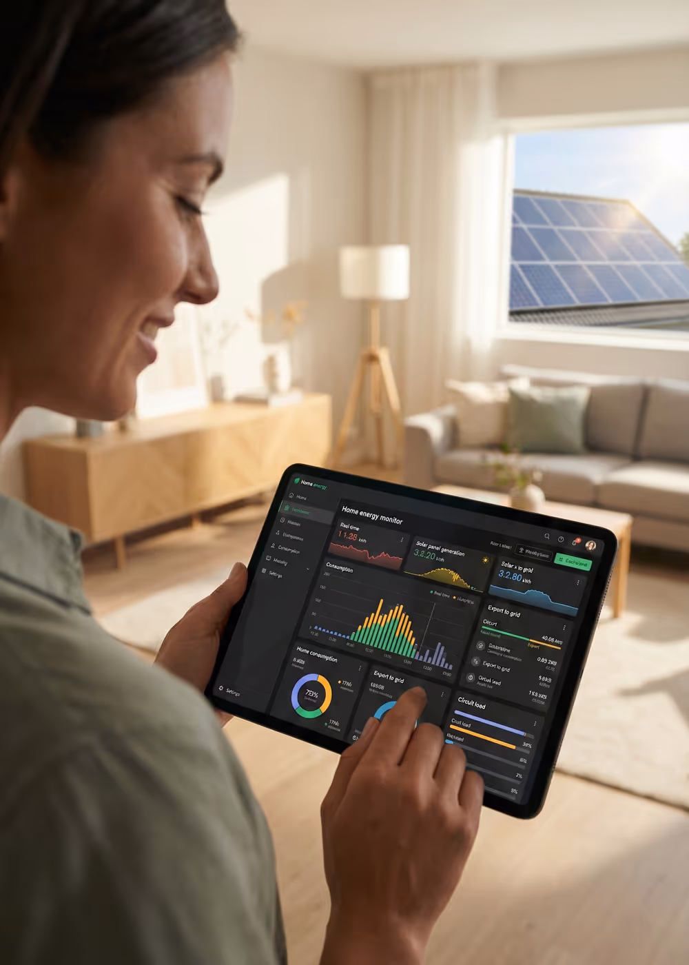 Woman holding a tablet displaying a home energy monitor with solar panel data and consumption graphs in a modern living room.