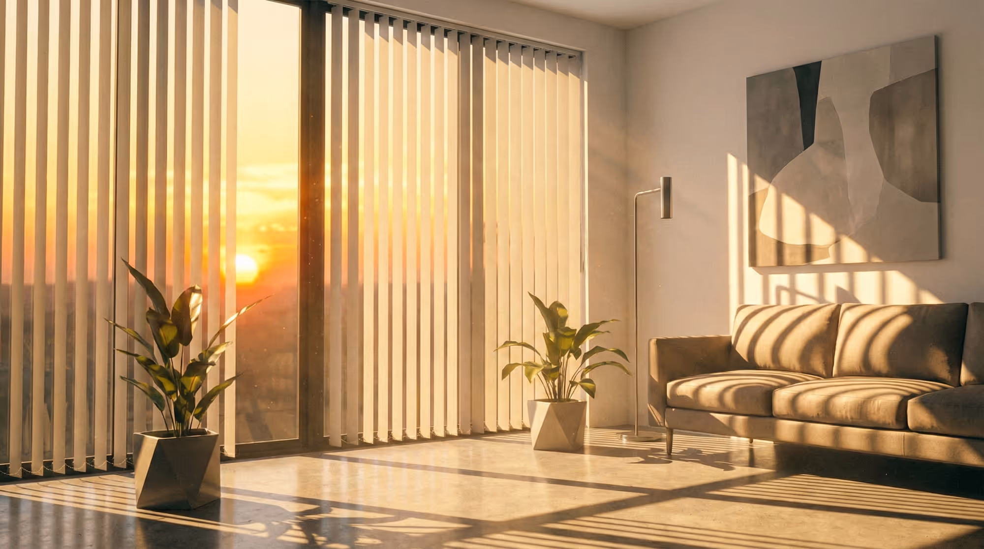 Sunset light streaming through vertical blinds onto a living room with two potted plants and a beige sofa.