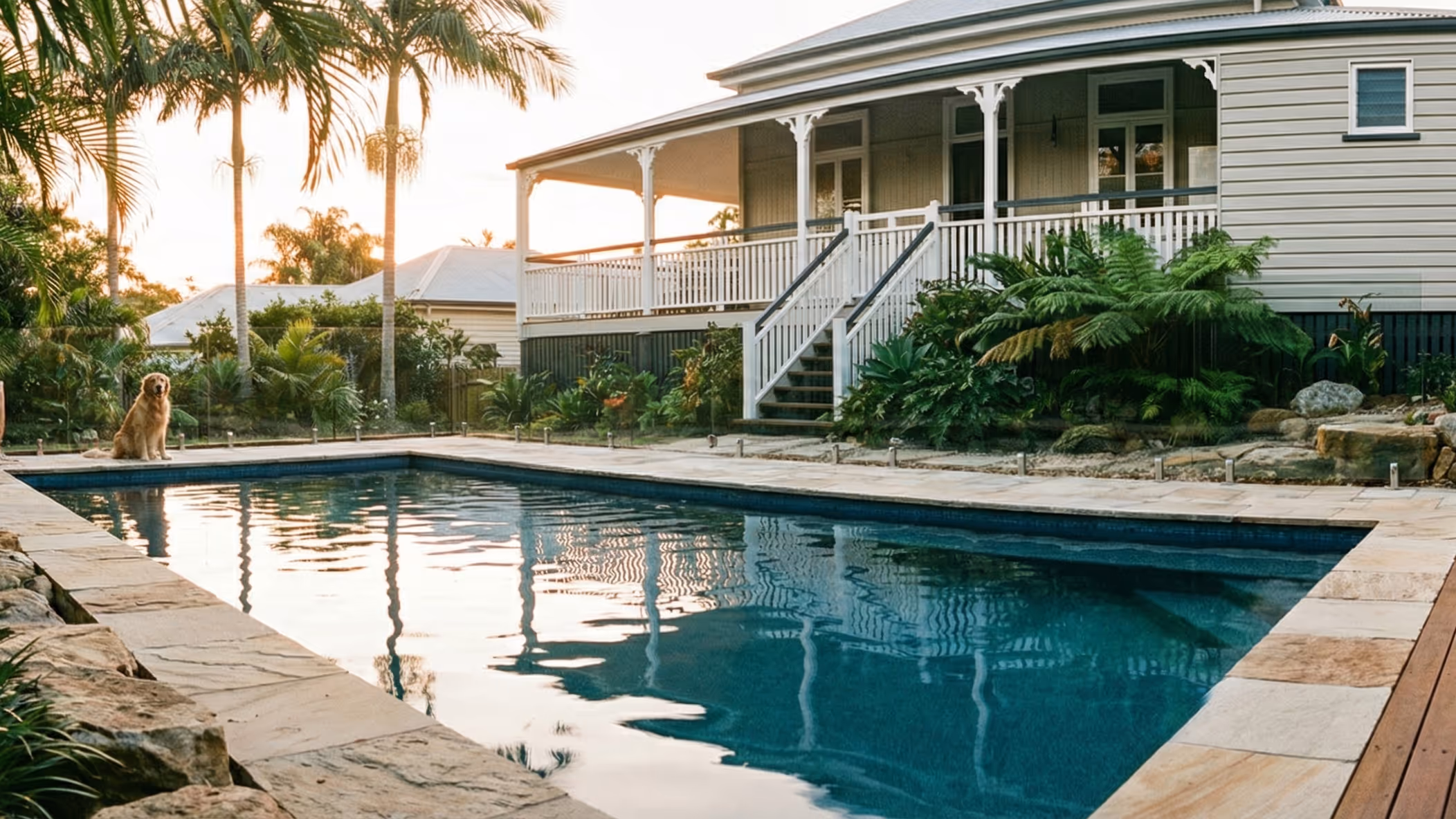 Backyard swimming pool beside a house with a porch and tropical plants, and a golden retriever sitting near the pool edge.