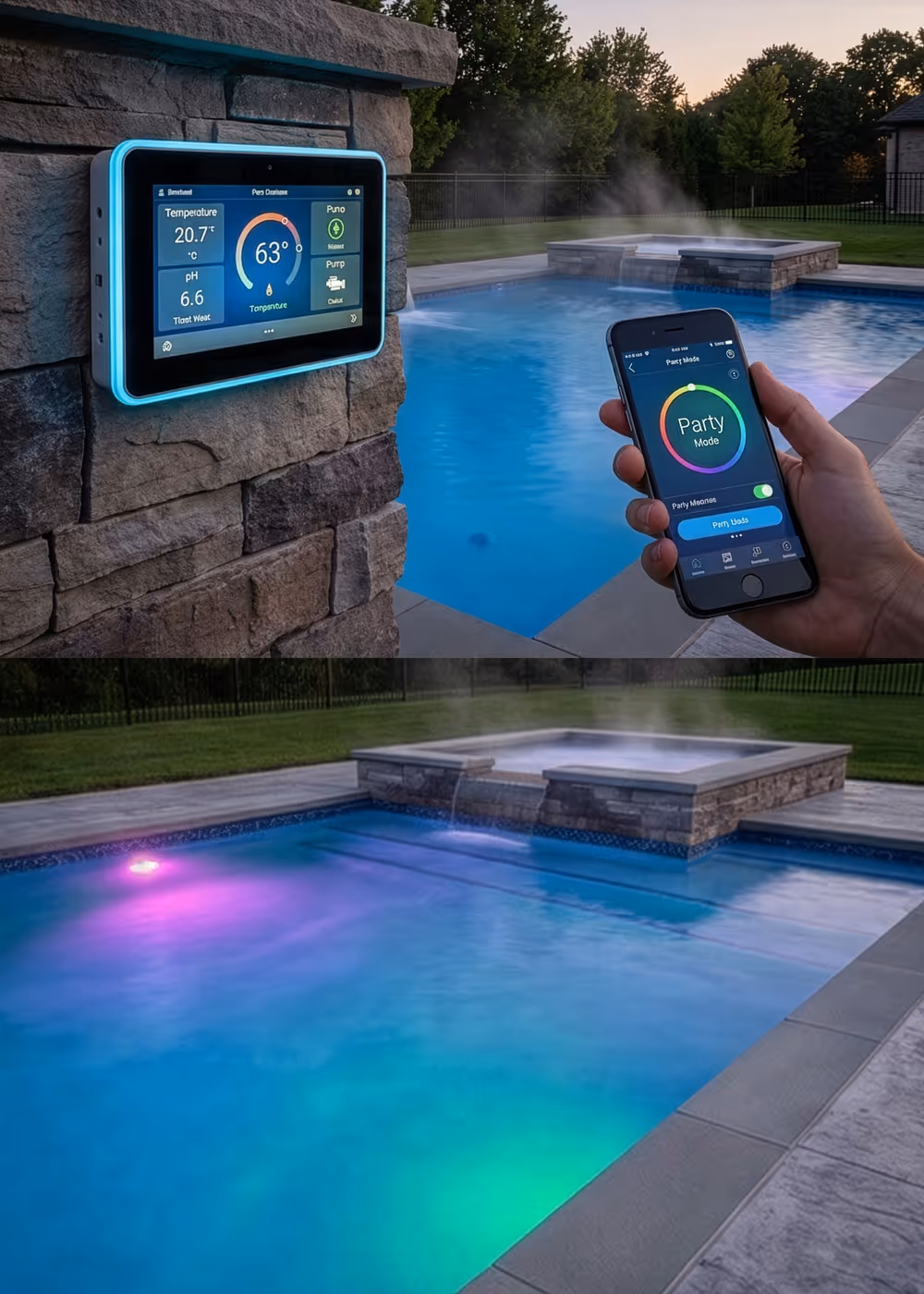 Outdoor heated pool and hot tub with steam rising, controlled via wall-mounted digital thermostat and smartphone showing 'Party Mode' lighting.