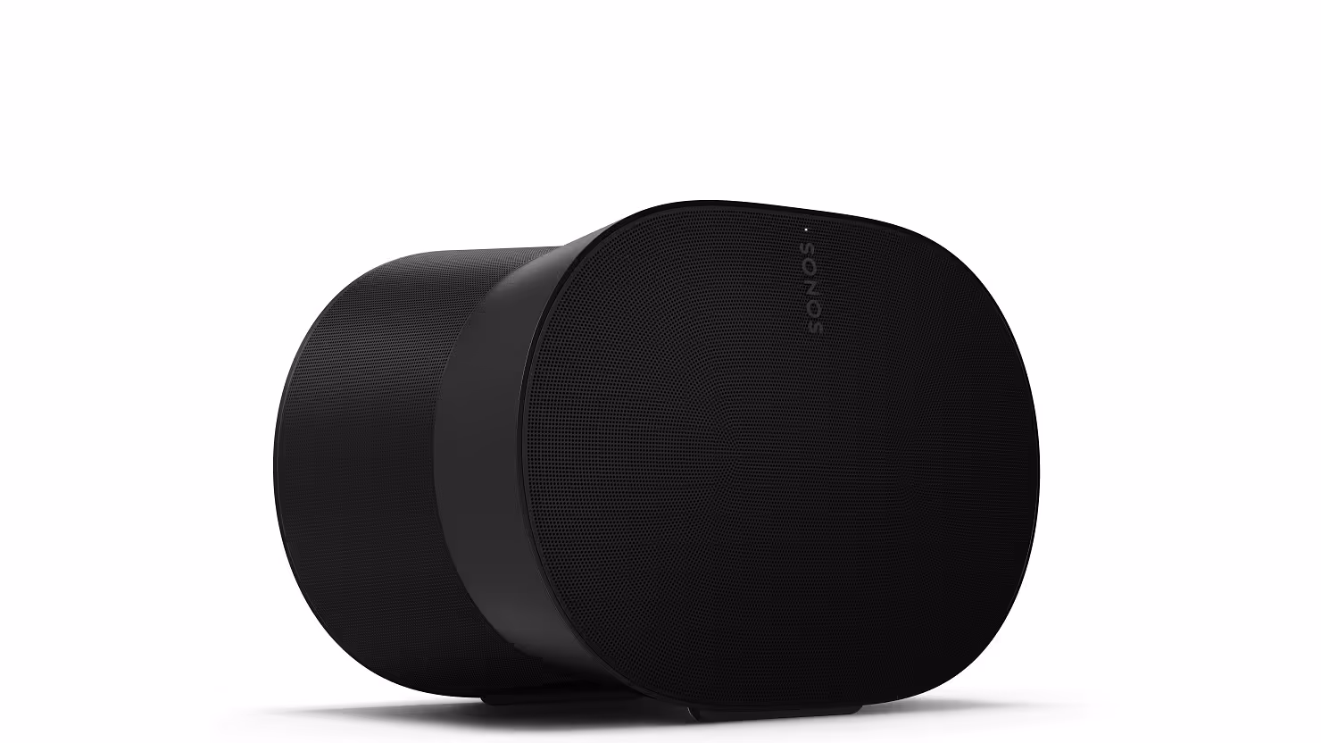 Black Sonos wireless speaker with rounded square shape and mesh front grille.