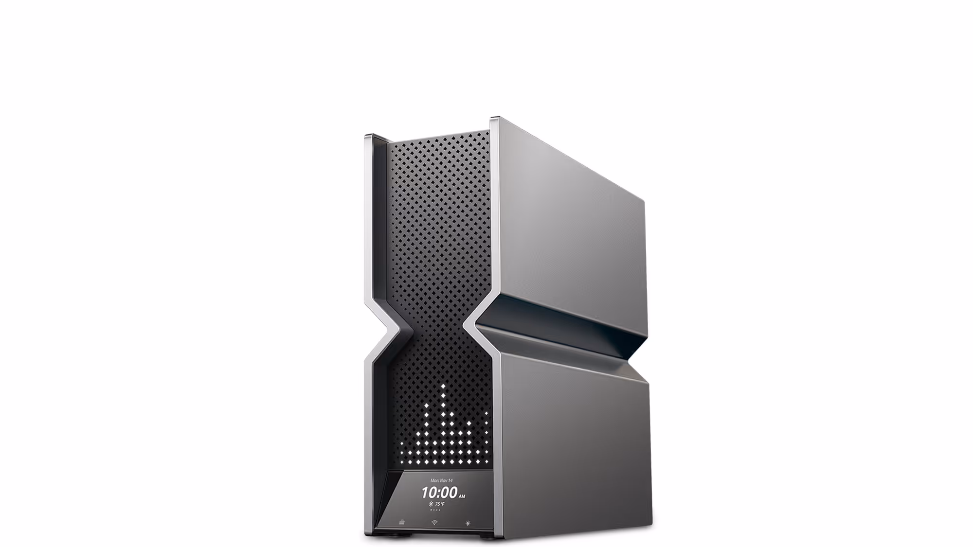 Modern black and gray computer tower with geometric design and digital display showing time and weather.