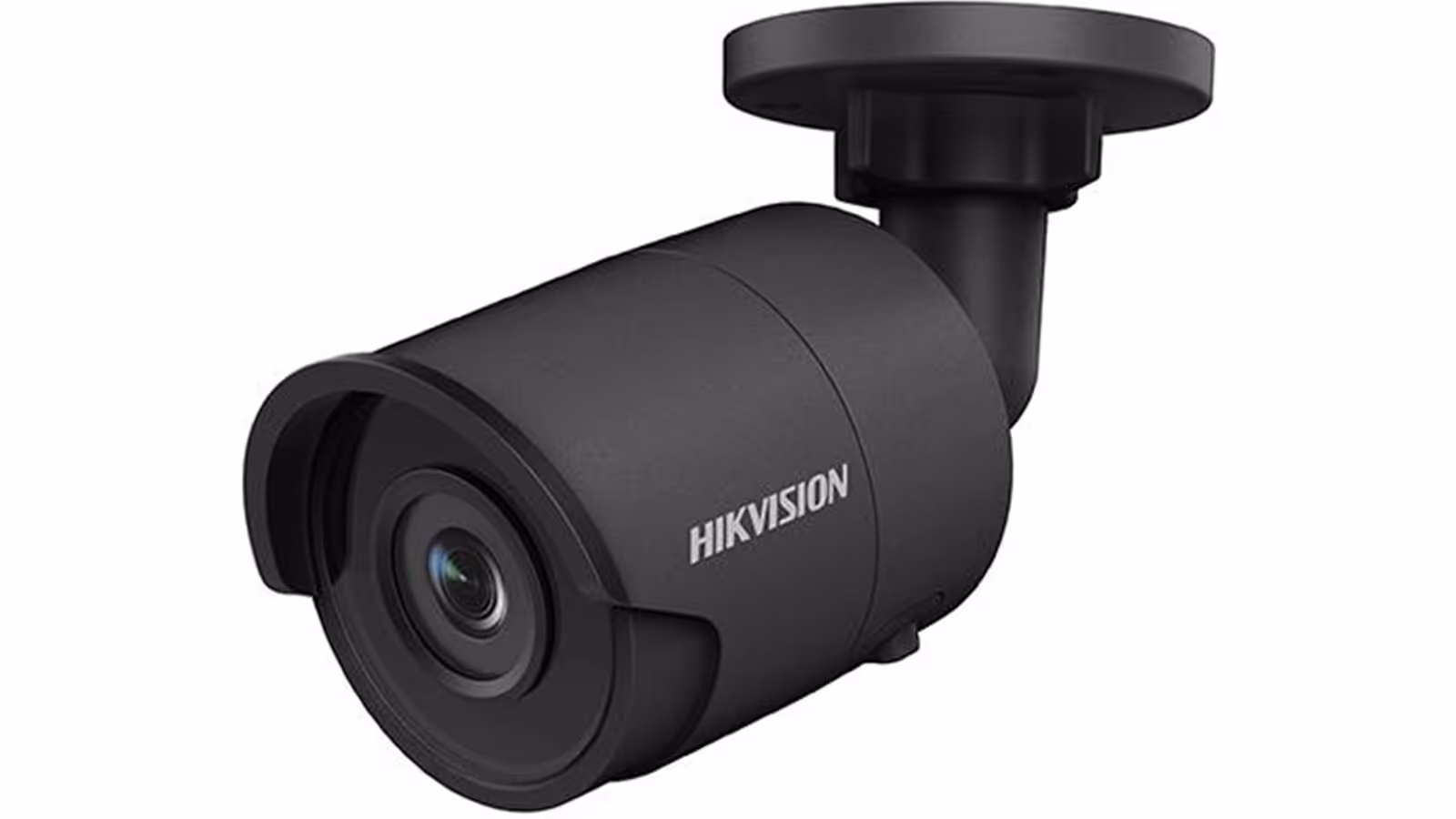 Black Hikvision security surveillance camera mounted on a bracket.