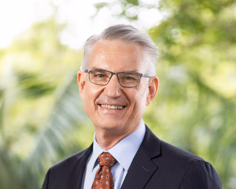 Smiling handsome older man with gray hair wearing glasses, a dark suit, light blue shirt, and patterned tie with a blurred green outdoor background.