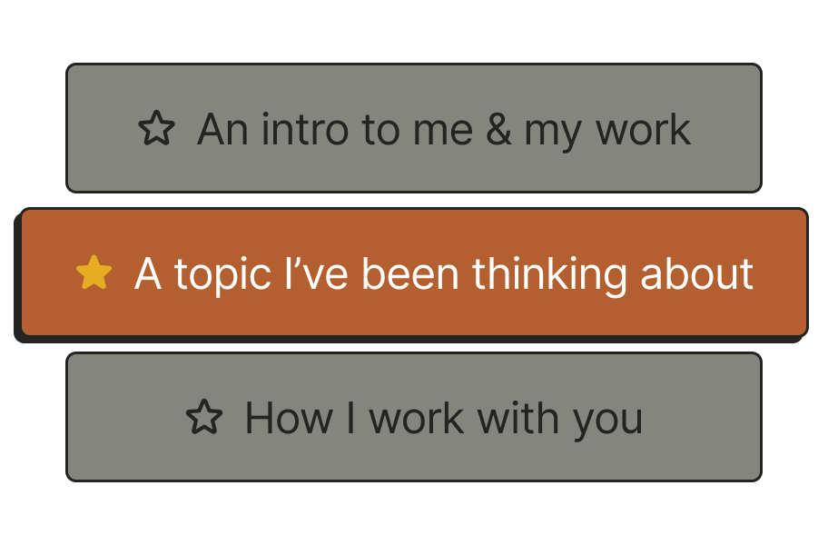 A list of interview topics: why I love this work, what makes me different, how I work with you.